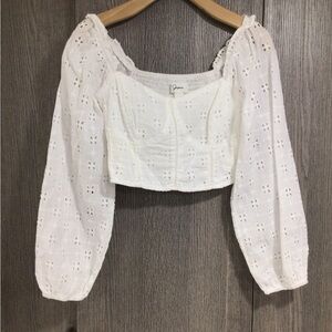 Japna White Broderie Eyelet Puff-Sleeve Crop Top